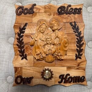 Olive Wood‎ Holy Family Wall Plaque God Bless Our Home Holy Land Stones
